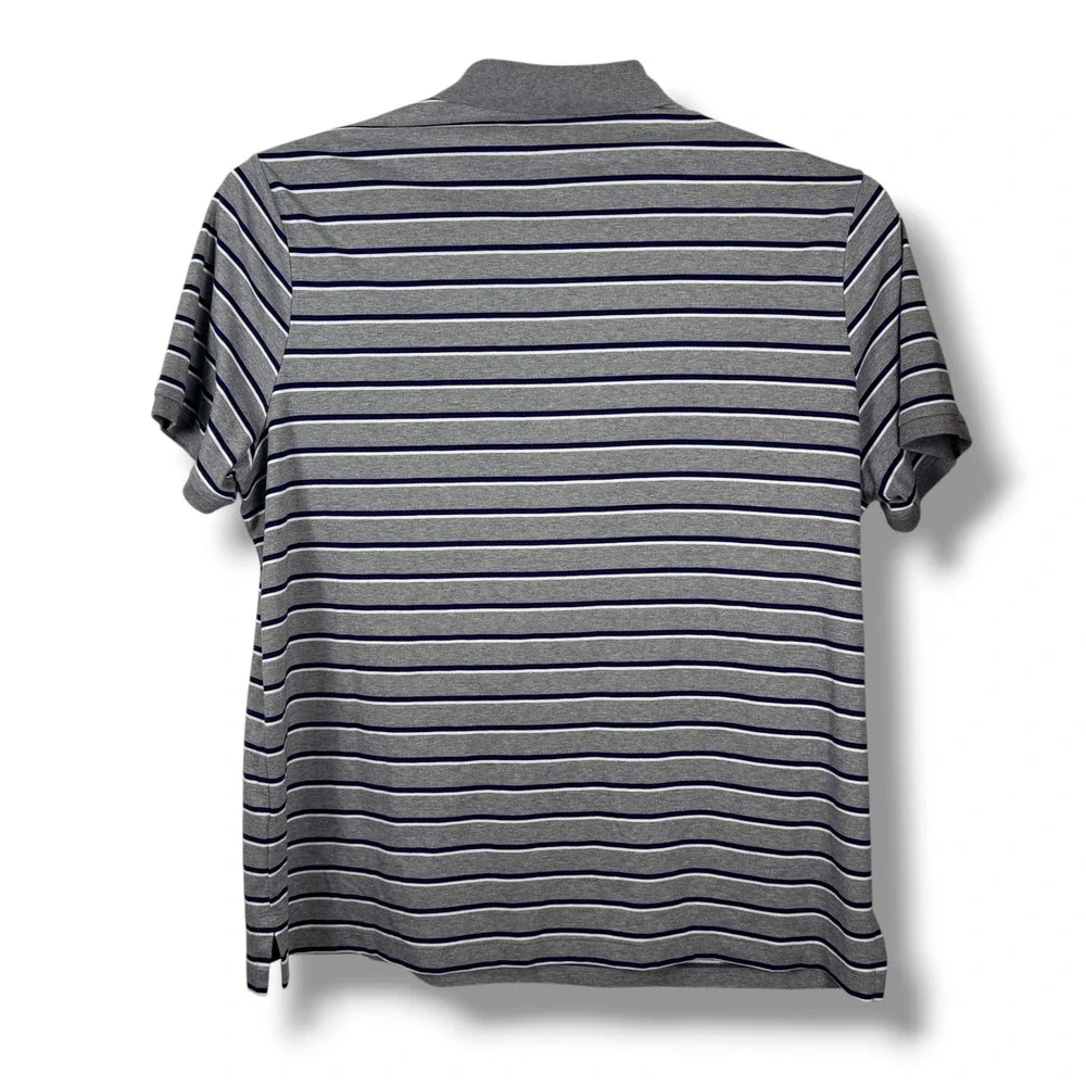 Polo Ralph Lauren Polo Mens XL Grey Navy Striped Cotton Blend Short Sleeve‎ Logo